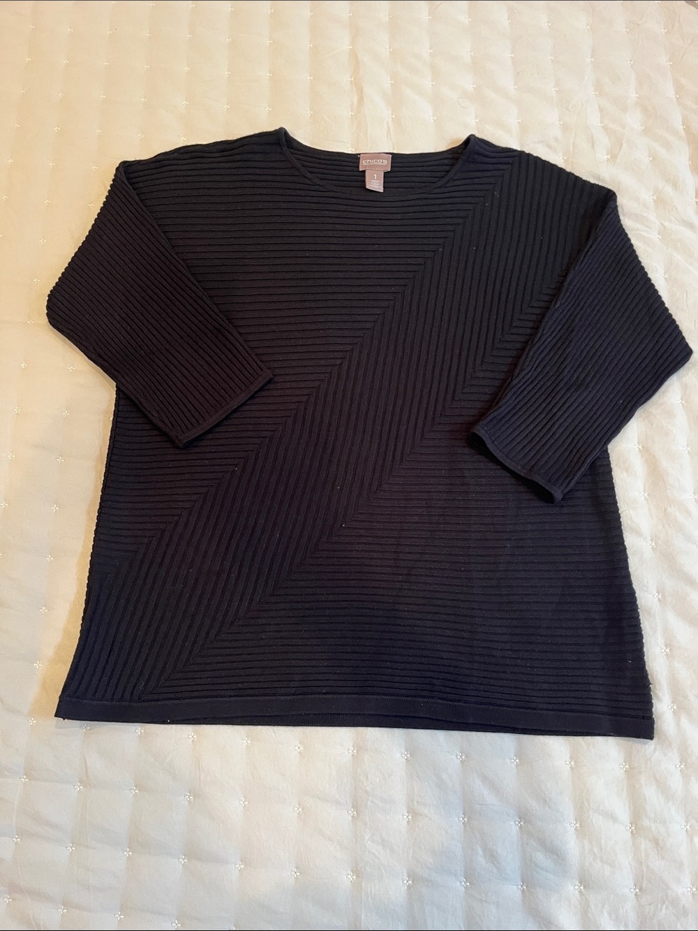 Chico's Black Ribbed Diagonal Knit Top